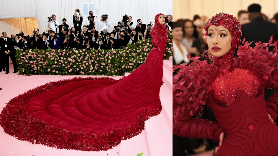 cardi b in oxblood thom browne gown with 30000 coque feathers at the 2019 met gala camp notes on fashion theme