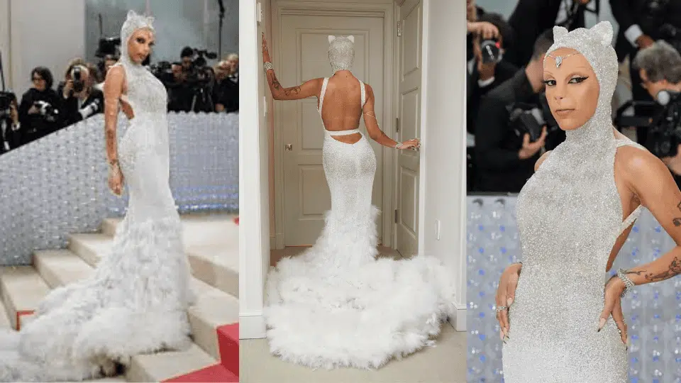 doja cat in fully beaded feline look with prosthetic snout by oscar de la renta at the 2023 met gala karl lagerfeld a line of beauty theme