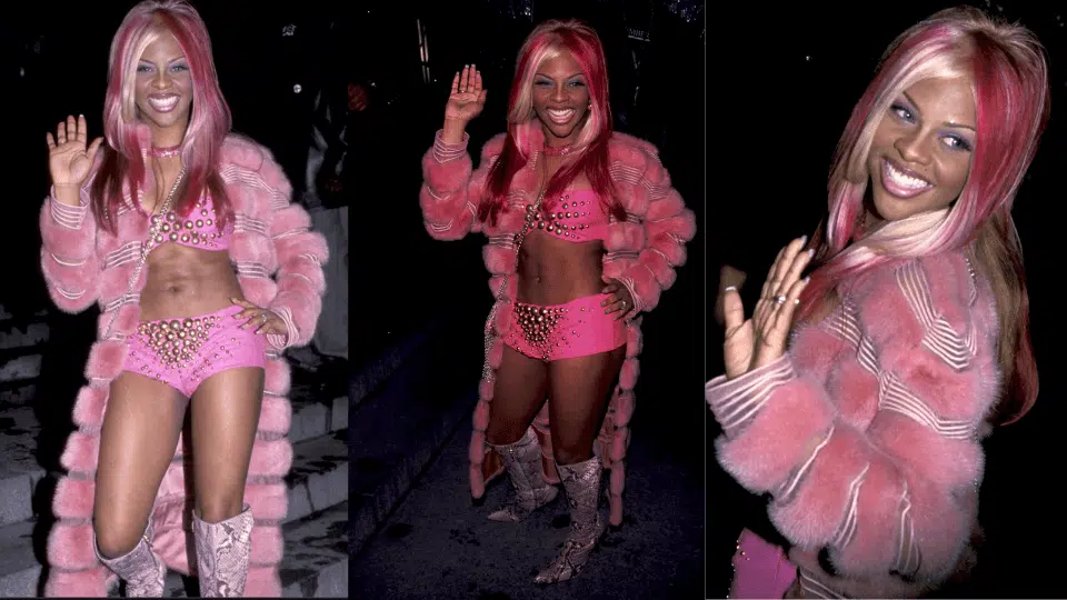 lil kim in full pink mink coat and versace bandeau hot pants at the 1999 met gala rock style theme