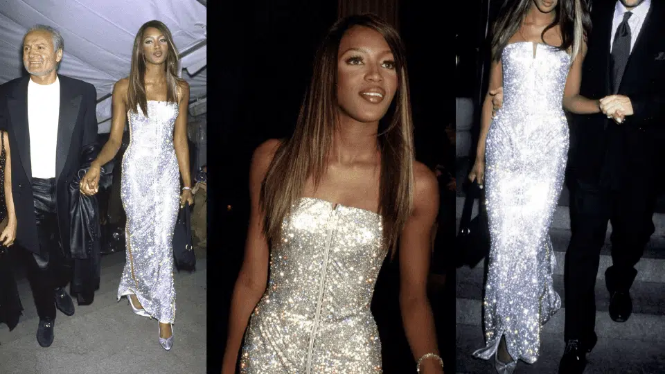 naomi campbell in metallic versace look at the 1995 met gala haute couture theme
