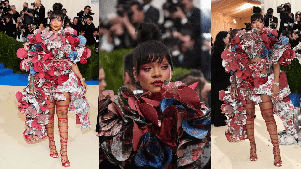 rihanna in comme des garcons pouf gown with custom riri sandals at the 2017 met gala rei kawakubo comme des garcons art of the in between theme