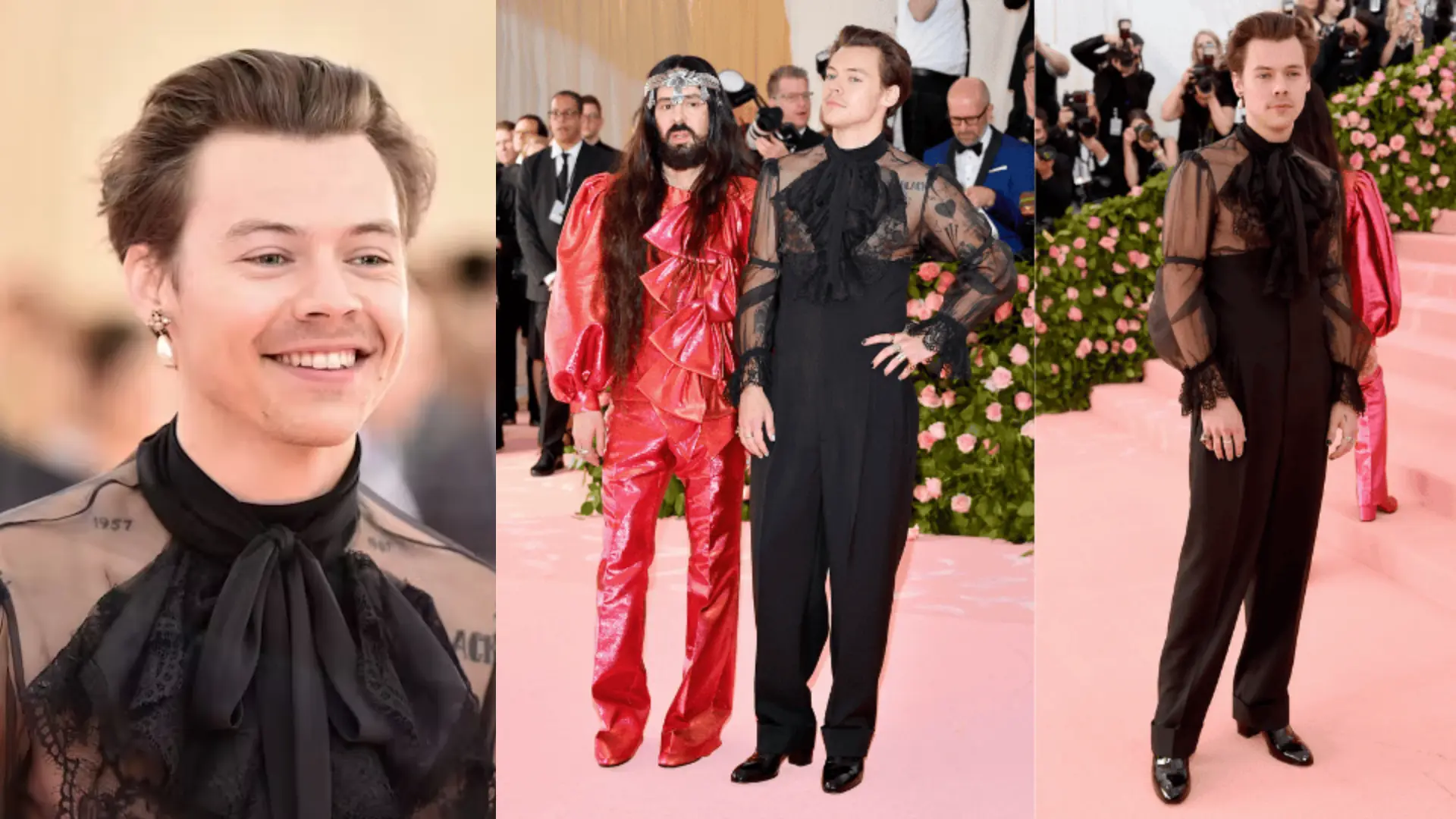 harry styles in sheer black lace blouse and pearl earring by gucci at the 2019 met gala camp notes on fashion theme (1)