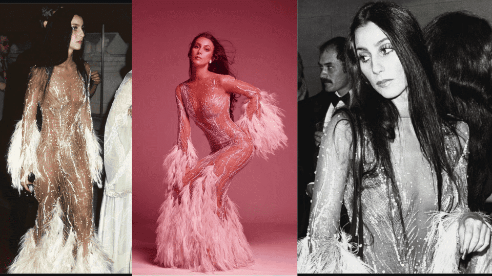 cher in sheer soufflé gown by bob mackie at the 1974 met gala theme