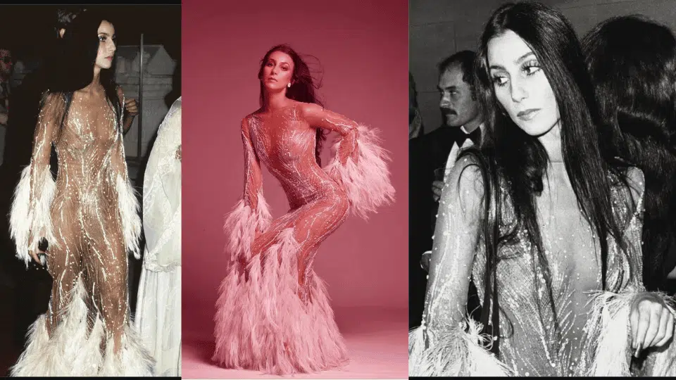 cher in sheer soufflé gown by bob mackie at the 1974 met gala theme