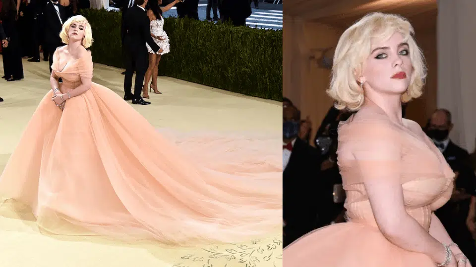 billie eilish in peach old hollywood ballgown by oscar de la renta at the 2021 met gala in america a lexicon of fashion theme
