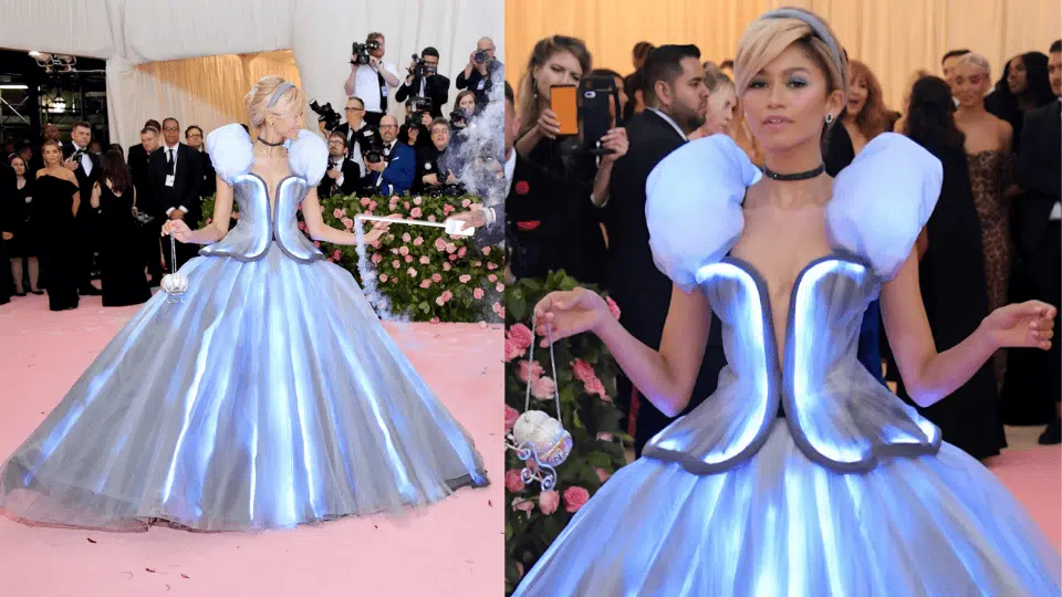 zendaya in glowing cinderella blue tommy hilfiger x hussein chalayan dress with led lights at the 2019 met gala camp notes on fashion theme