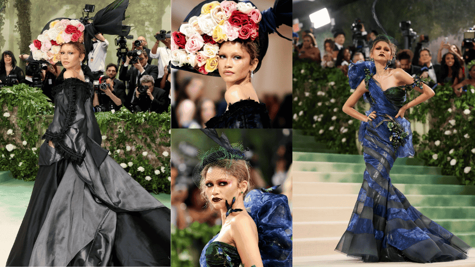 zendaya in custom maison margiela artisanal gown by john galliano with hand painted veil at the 2024 met gala sleeping beauties reawakening fashion theme