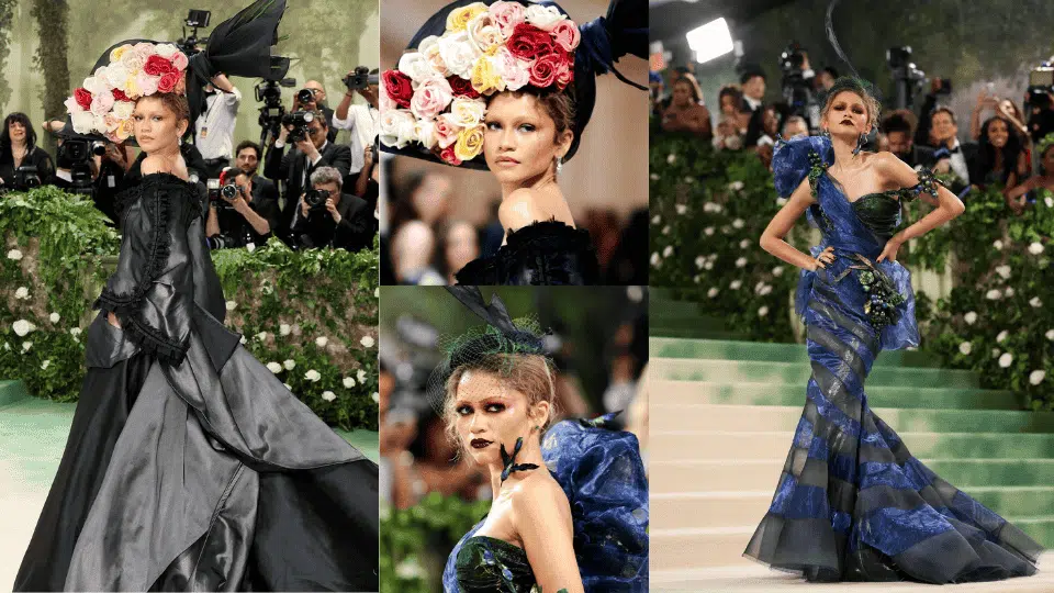 zendaya in custom maison margiela artisanal gown by john galliano with hand painted veil at the 2024 met gala sleeping beauties reawakening fashion theme