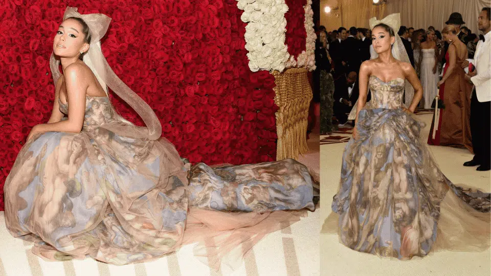 ariana grande in vera wang ballgown printed with michelangelos last judgment at the 2018 met gala heavenly bodies fashion and the catholic imagination theme