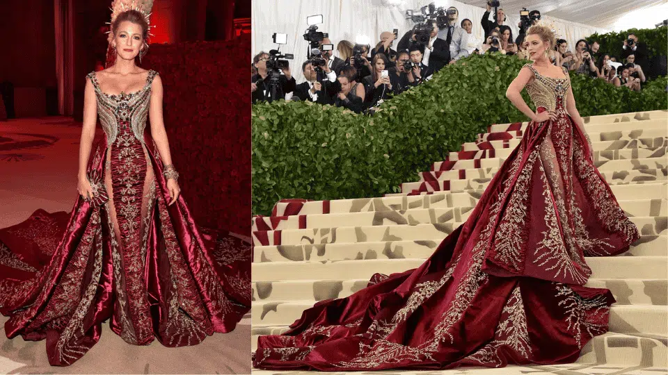 blake lively in crimson and gold jewel encrusted versace gown at the 2018 met gala heavenly bodies fashion and the catholic imagination theme