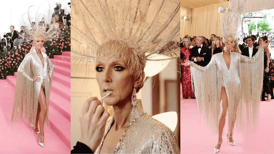 celine dion in silver fringed 22 pound beaded bodysuit by oscar de la renta at the 2019 met gala camp notes on fashion theme