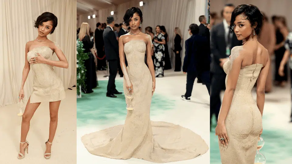 tyla in wet sand sculpted balmain dress at the 2024 met gala sleeping beauties reawakening fashion theme