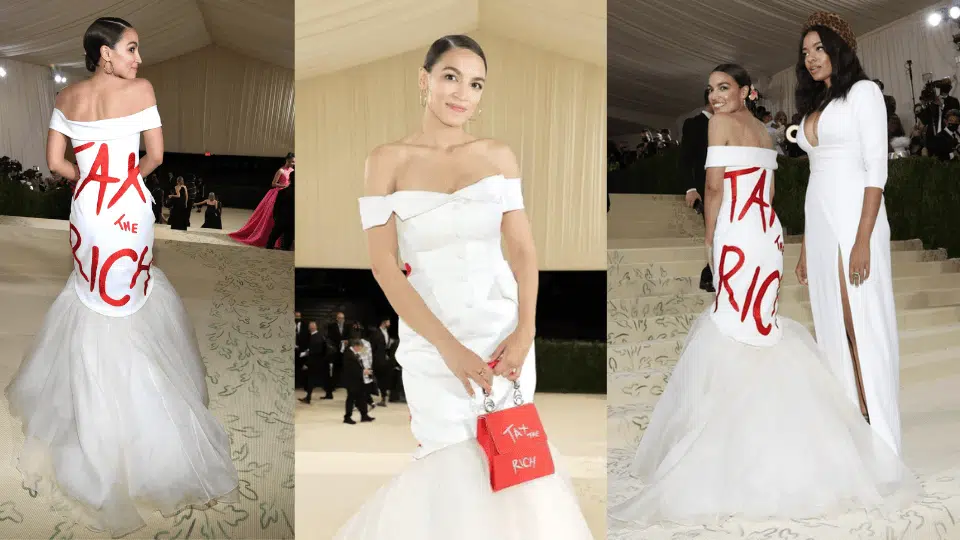 alexandria ocasio cortez in white brother vellies gown with tax the rich message at the 2021 met gala in america a lexicon of fashion theme
