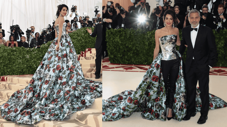 amal clooney in crimson richard quinn tin foil gown at the 2018 met gala heavenly bodies fashion and the catholic imagination theme