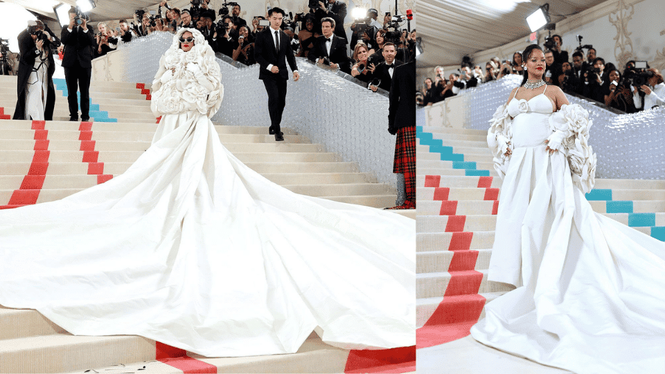 rihanna in white custom valentino hooded gown with camellia flowers at the 2023 met gala karl lagerfeld a line of beauty theme