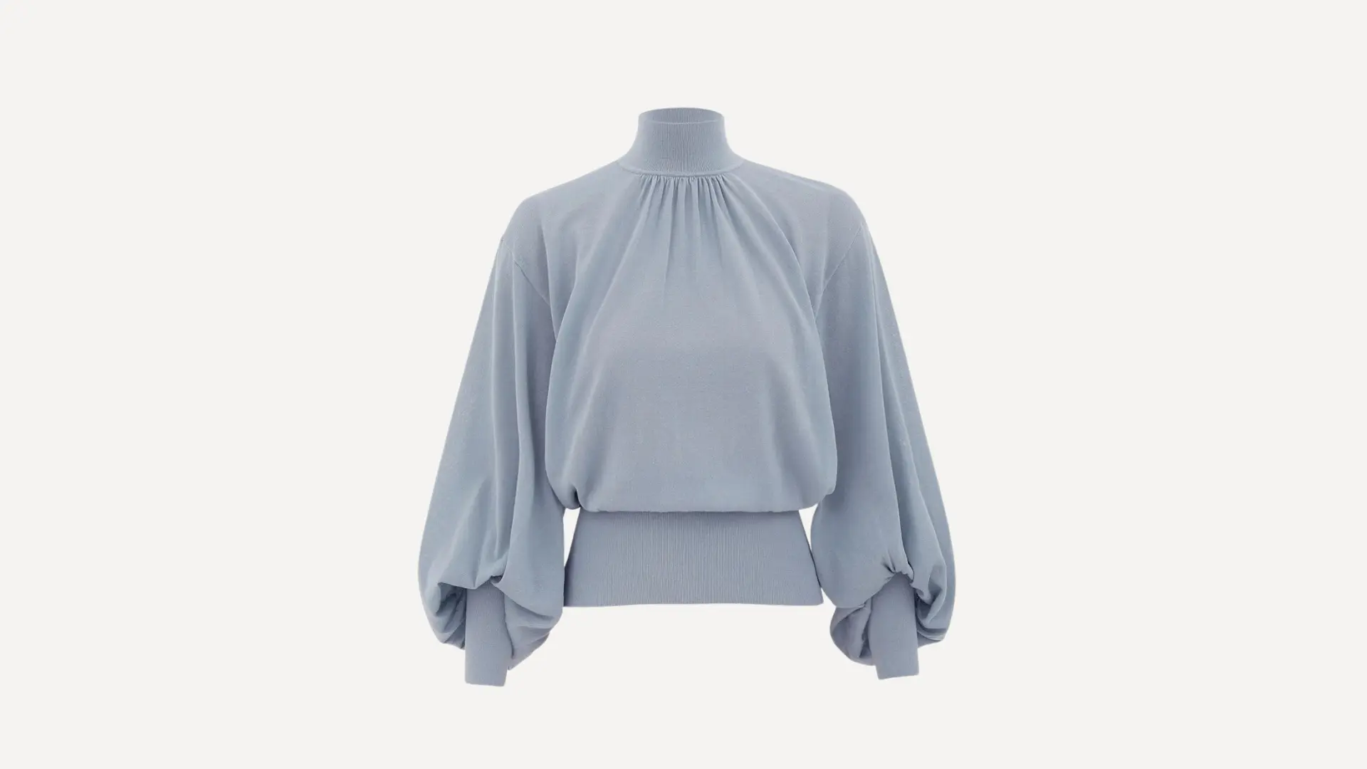 light blue blouson top with a high neck, gathered bodice, and voluminous puff sleeves on a white background
