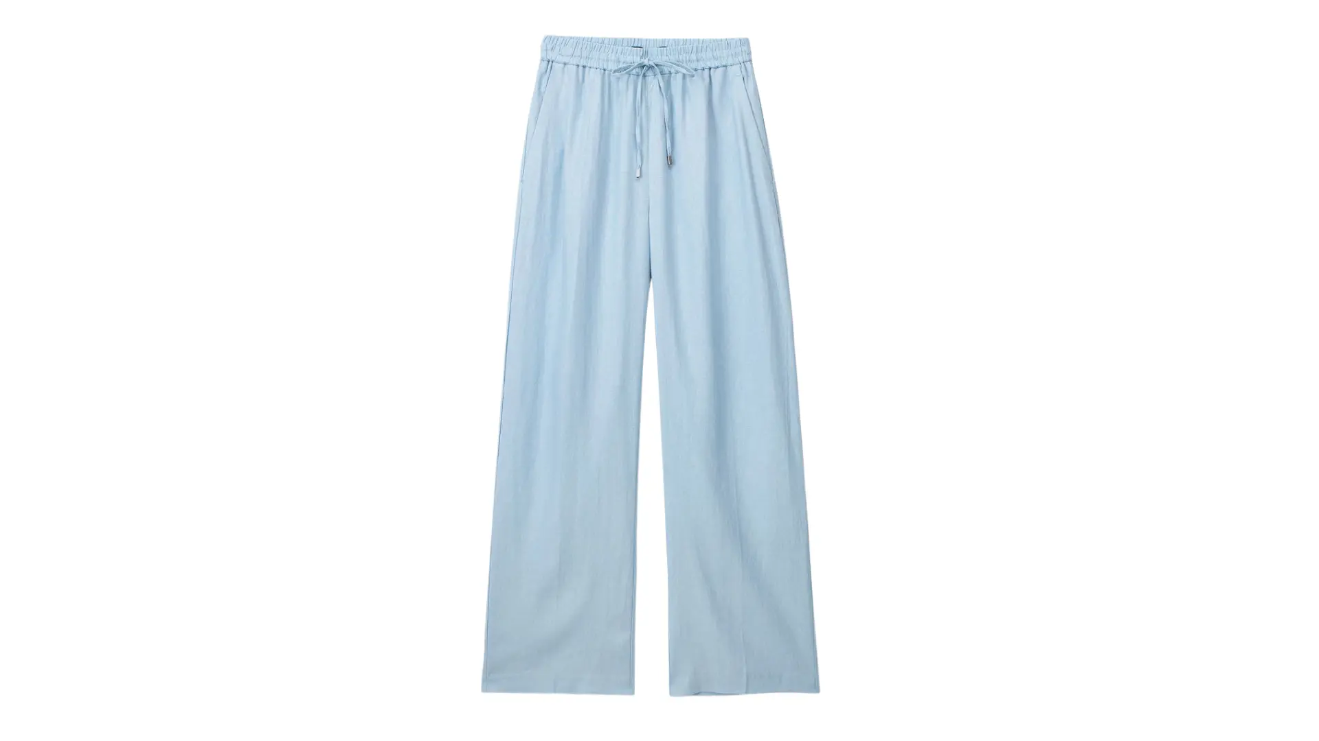 light blue wide-leg trousers featuring an elasticated drawstring waistband and front creases on a white background