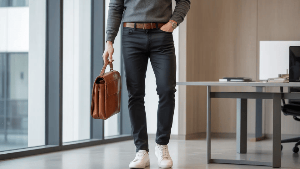 man wearing black jeans, gray sweater, and white sneakers holding a leather work bag in a modern office, showing a smart casual Friday outfit