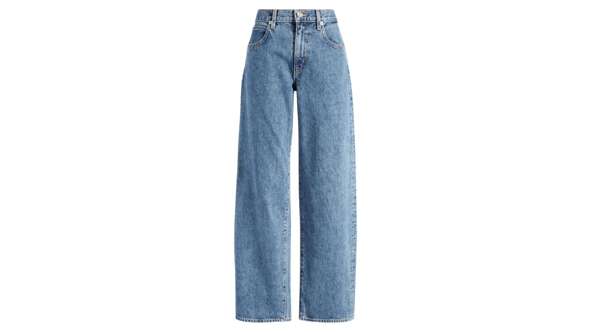 medium wash straight-leg denim jeans with a standard five-pocket design are centered against a white background