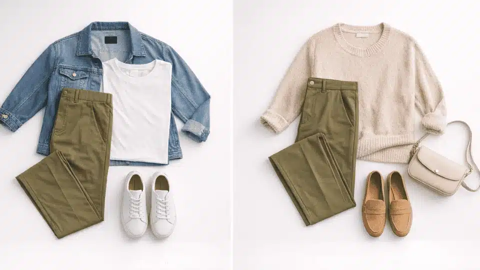 men and women casual outfits with olive green pants, denim jacket and sneakers styled in a flat lay on a light background
