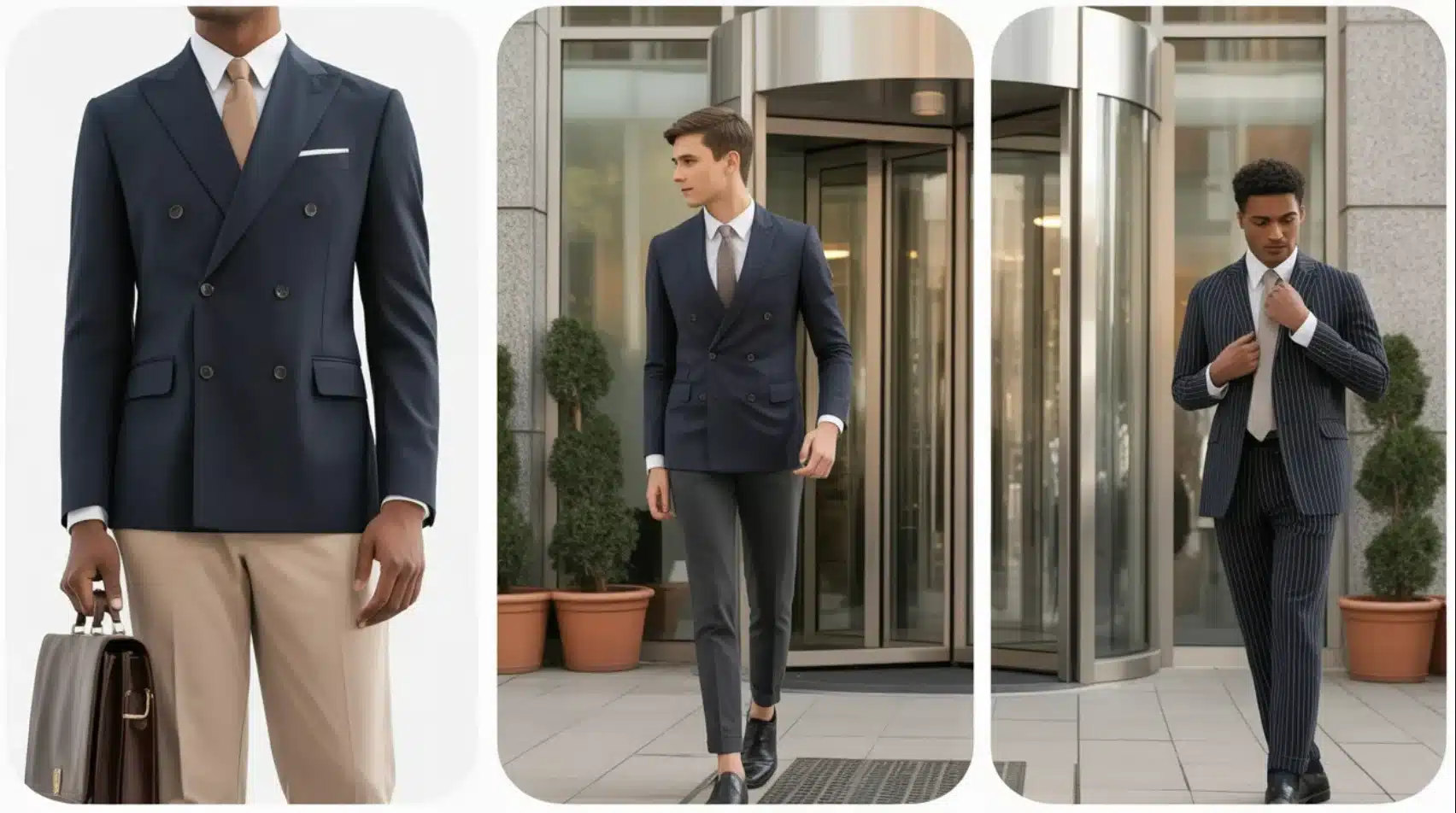 men wearing business suits with tailored blazers, dress shirts, ties, and leather shoes walking outside office buildings