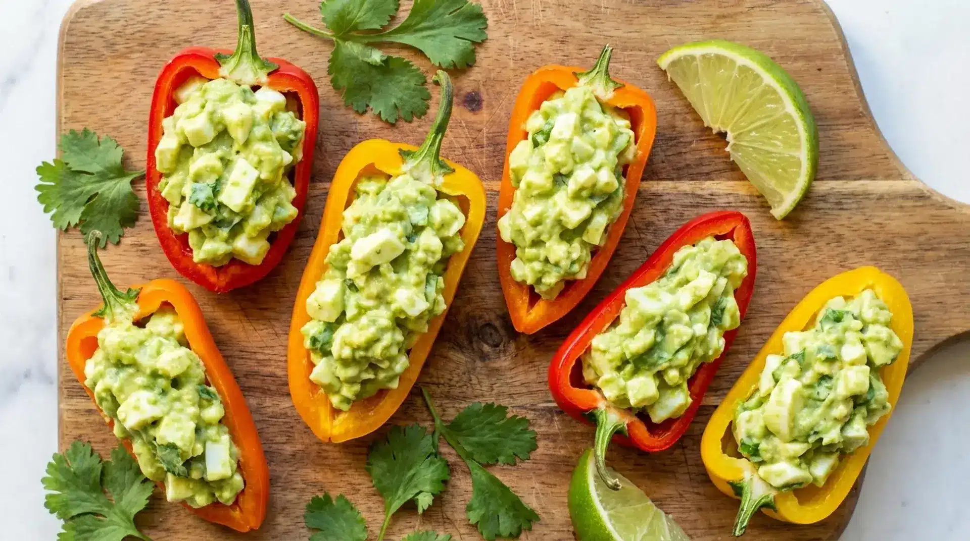 mini bell peppers filled with chunky avocado salad, topped with herbs, served with lime wedges on rustic wooden board