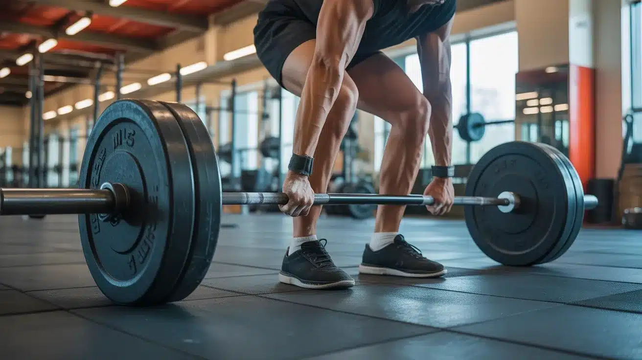 muscular man performing deadlift in gym, gripping loaded barbell with wrist straps, focused strength training