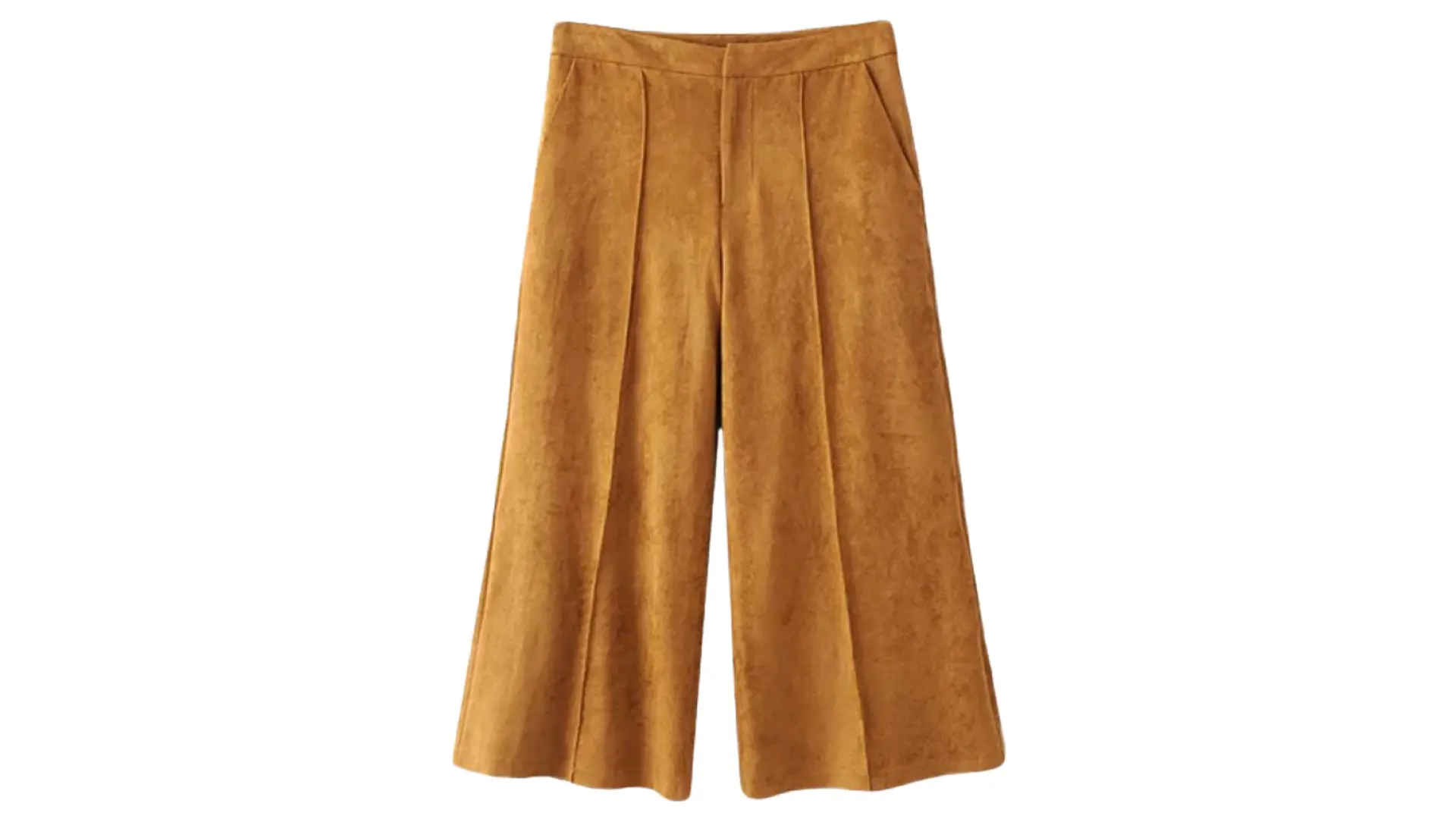 mustard yellow gaucho pants details against a white background