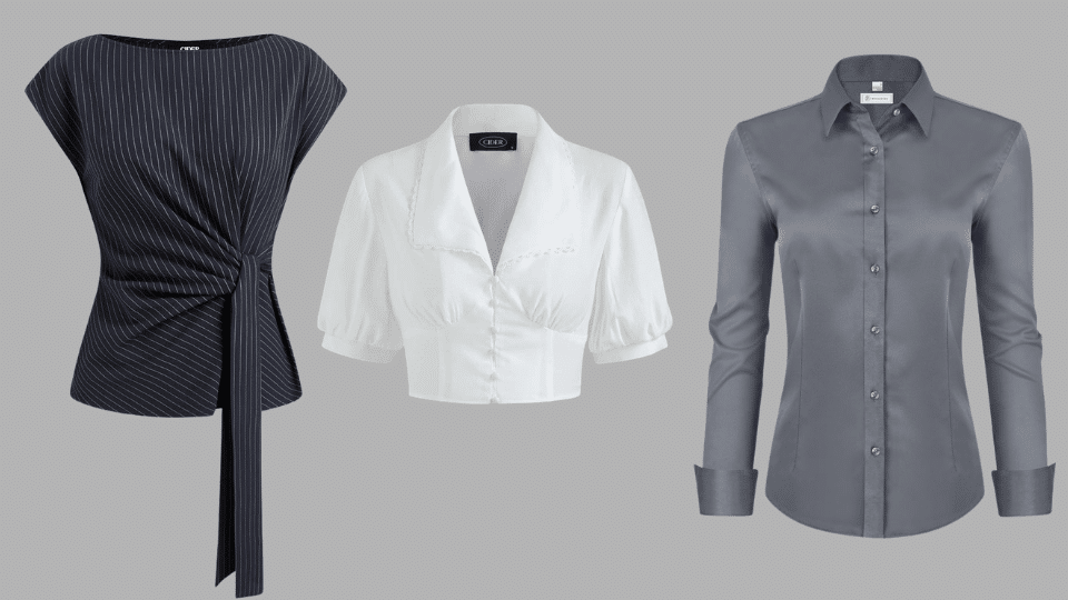 navy pinstripe wrap top white cropped blouse and gray button down shirt for a safe court outfit look for women