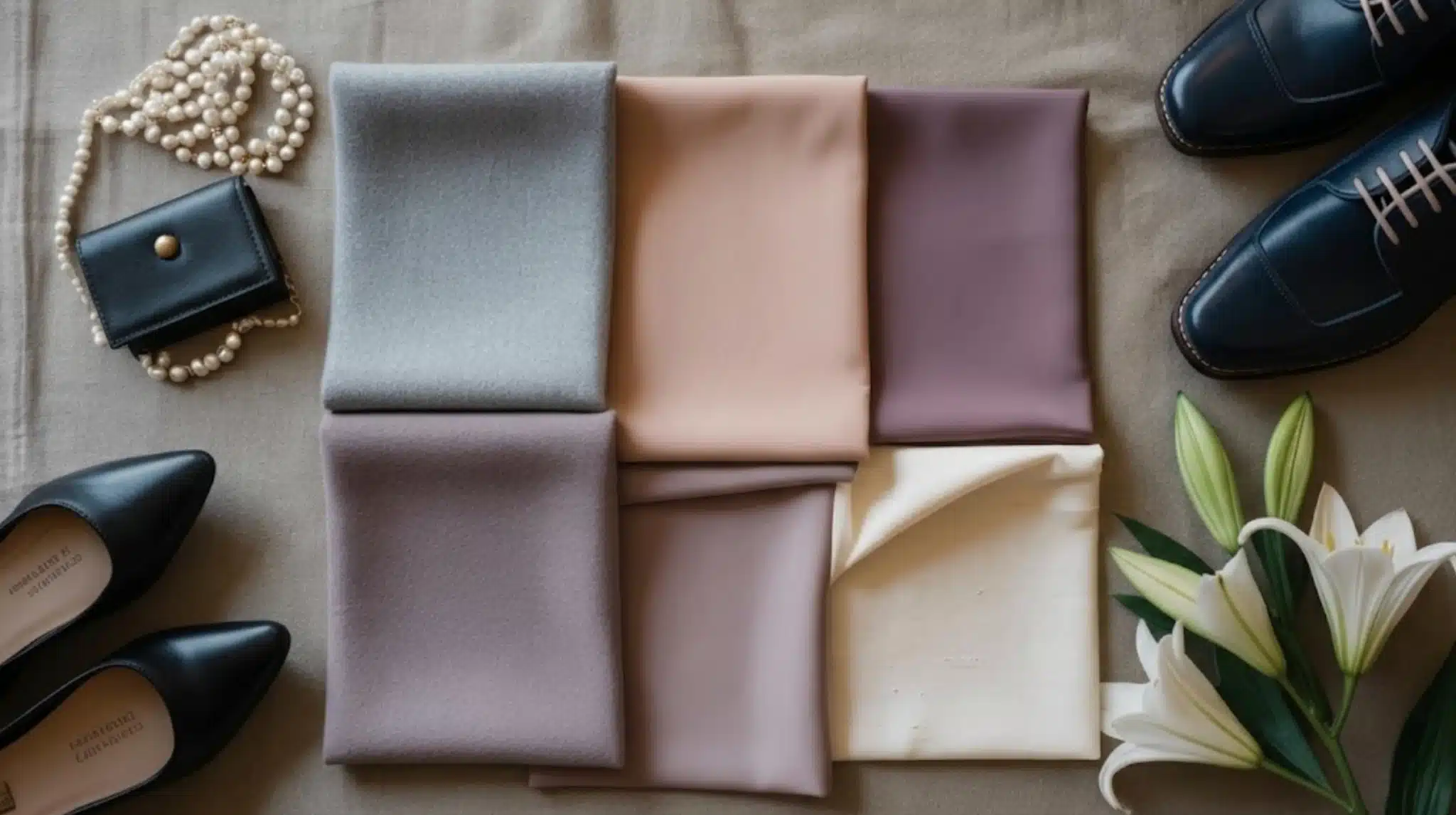 neutral fabric swatches with black heels, dress shoes, pearl necklace, wallet, and white lilies arranged on background