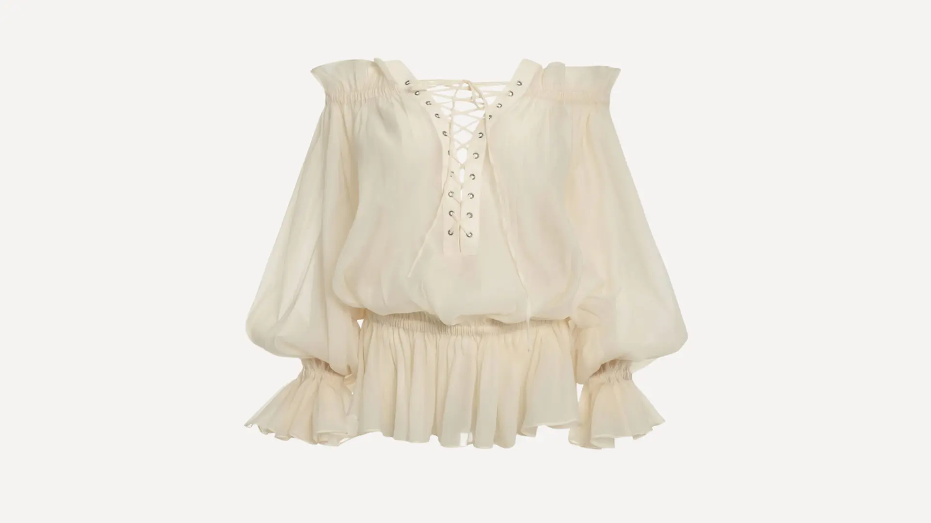 off-white peasant top with an off-the-shoulder neckline, lace-up front, and voluminous balloon sleeves