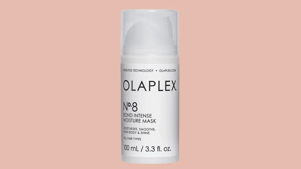 olaplex no 8 bond intense moisture mask in white bottle for fine hair hydration and repair