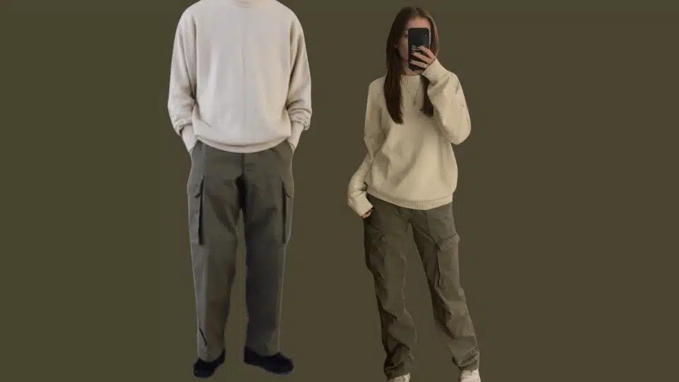 outfits featuring cream and beige tops paired with olive and army green cargo pants and casual sneakers