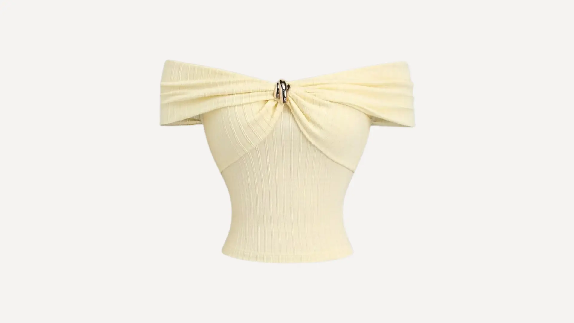 pale yellow ribbed off-shoulder top with a sweetheart neckline and a small gold ring detail at the center of the chest