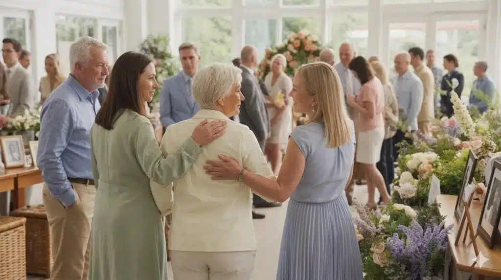 people gathered indoors with flowers and framed photos, conversing during memorial service reception