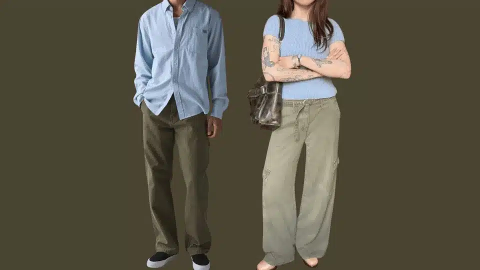 people wearing blue tops with olive and sage green pants on a light gray background collage
