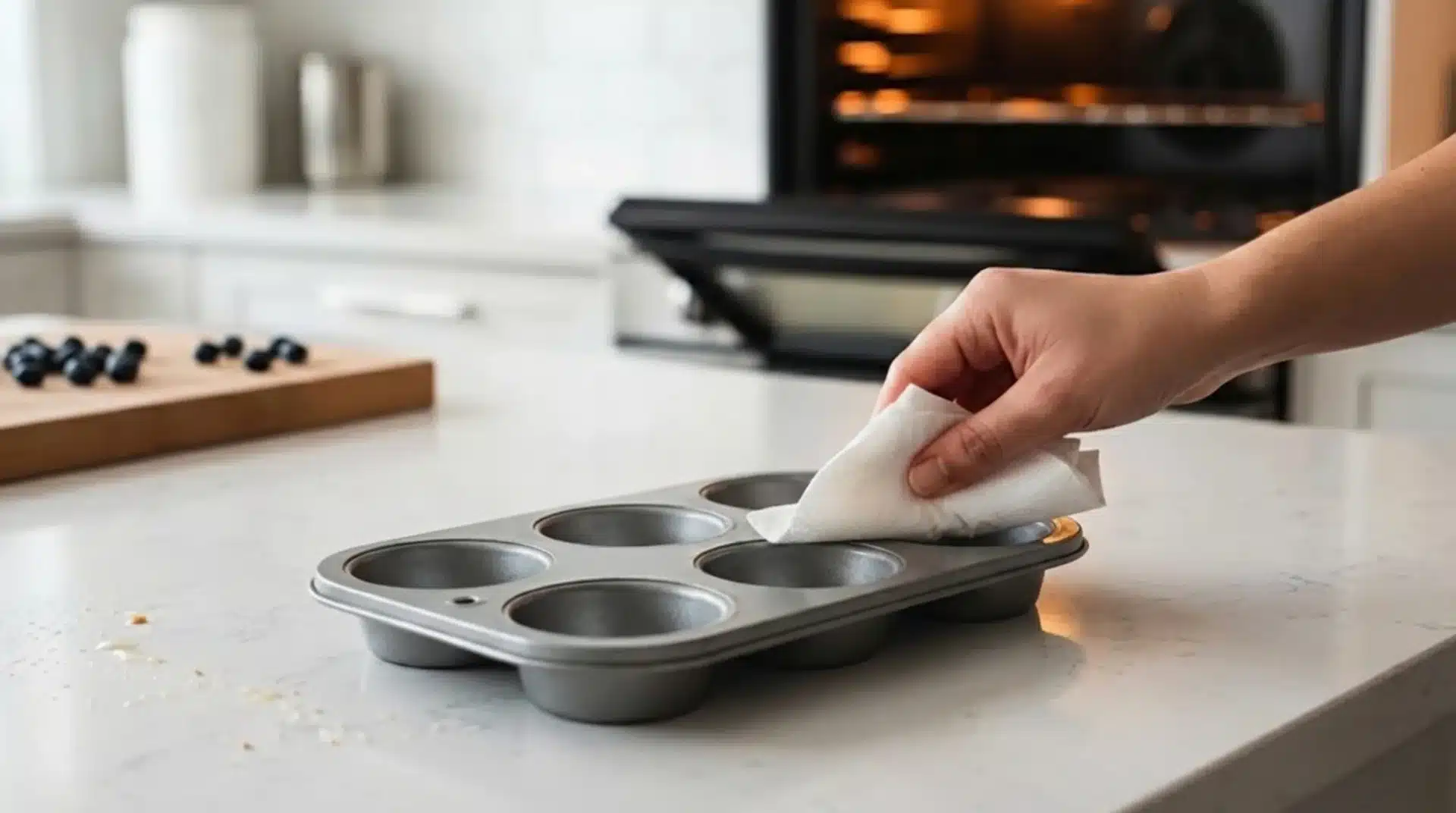 person wiping a muffin tin with a paper towel, with a cutting board of blueberries and an oven in the background