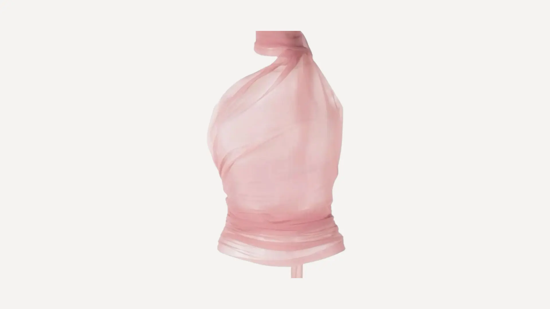 pink sheer one-shoulder illusion top with draped fabric and a choker neck detail on a plain white background