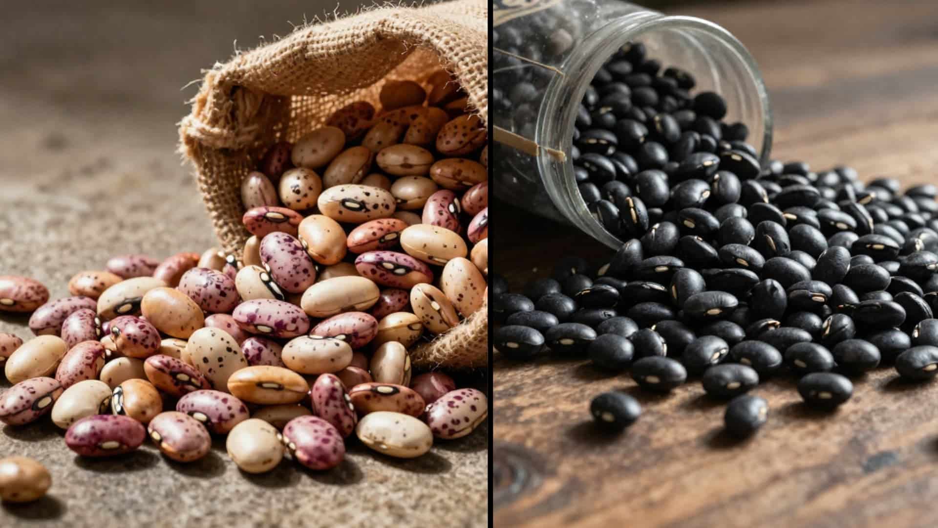 pinto beans spilling from a burlap sack and black beans pouring out of a glass jar