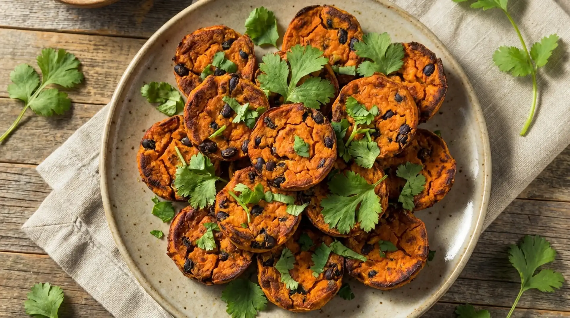 plate of baked sweet potato and black bean bites garnished with fresh cilantro, served on rustic wooden table