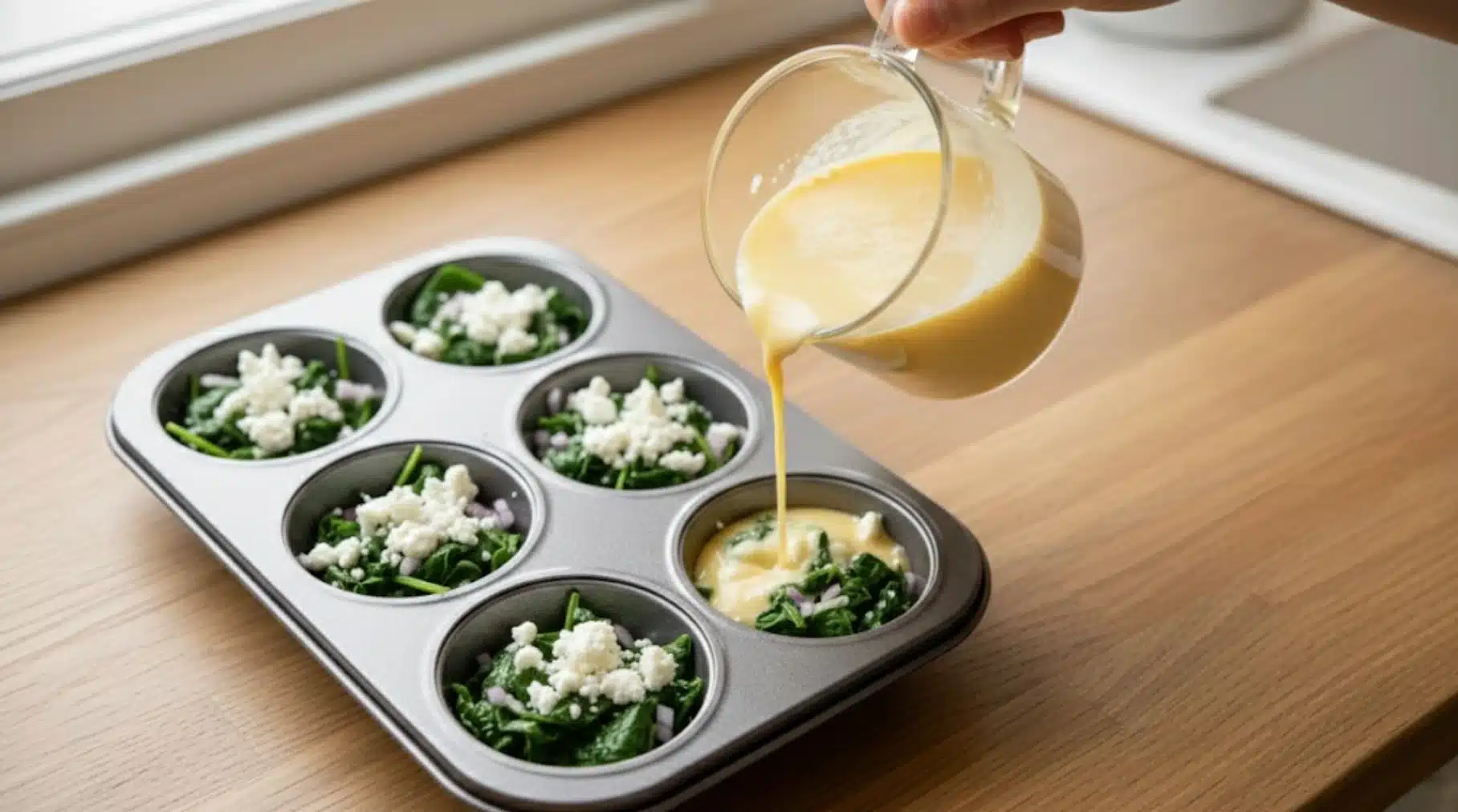 pouring whisked egg mixture into muffin tin cups filled with spinach, onion, and cheese, preparing savory egg muffins