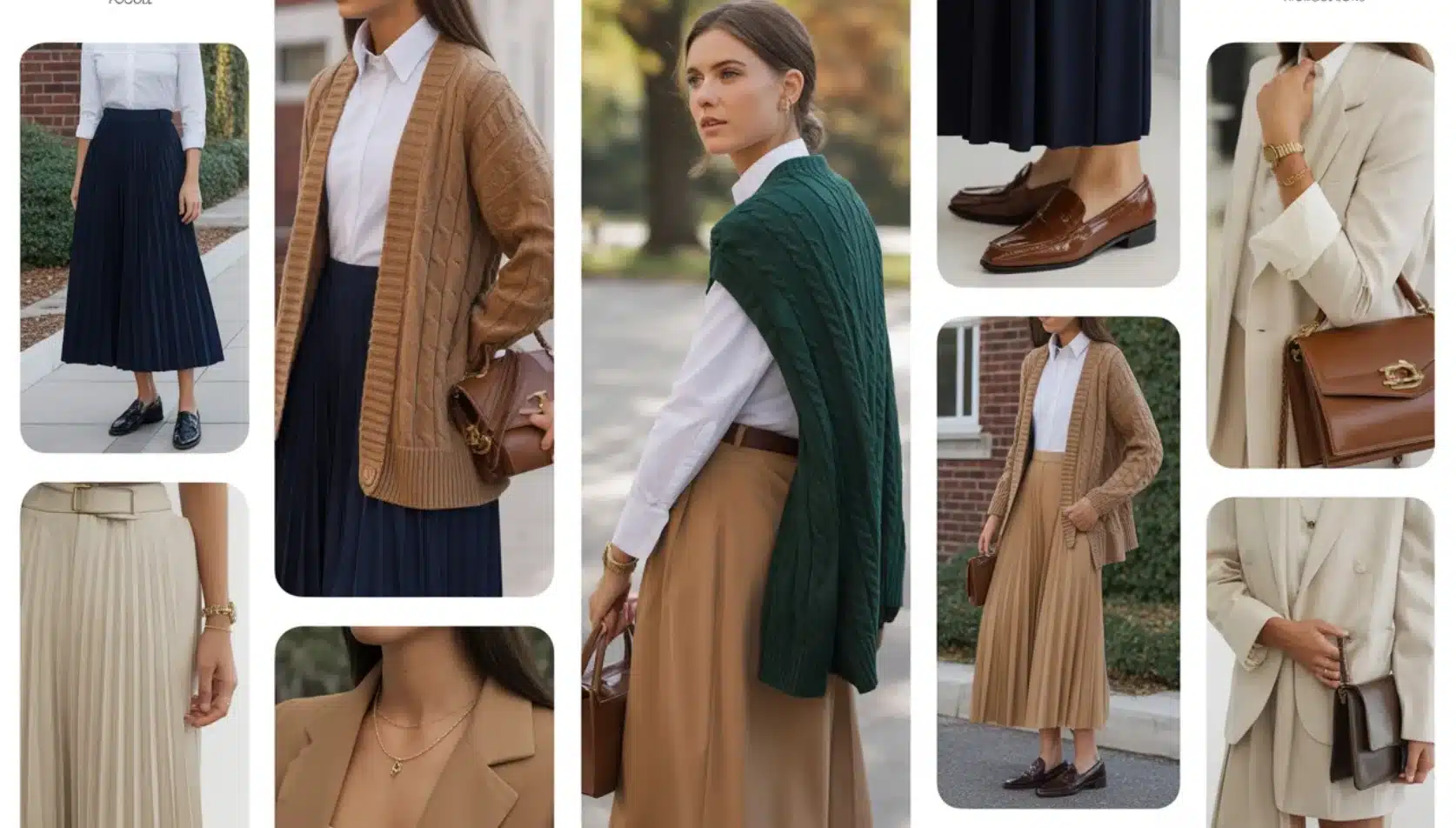 preppy outfits featuring pleated skirts, white shirts, knit cardigans, loafers, and structured handbags