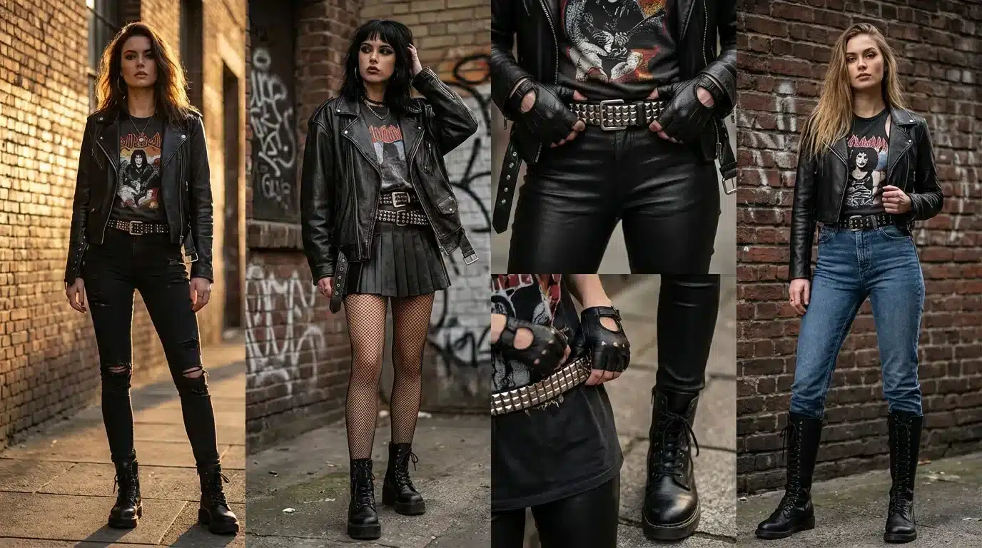 punk style outfits with leather jackets, graphic band shirts, studded belts, ripped jeans, and combat boots