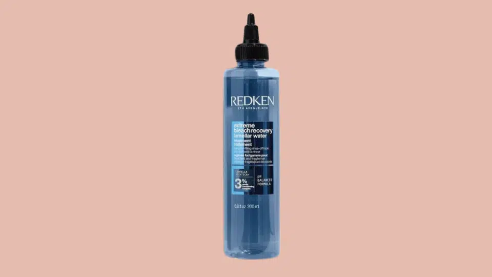redken extreme bleach recovery lamellar water mask in blue bottle for lightweight repair on fine damaged hair
