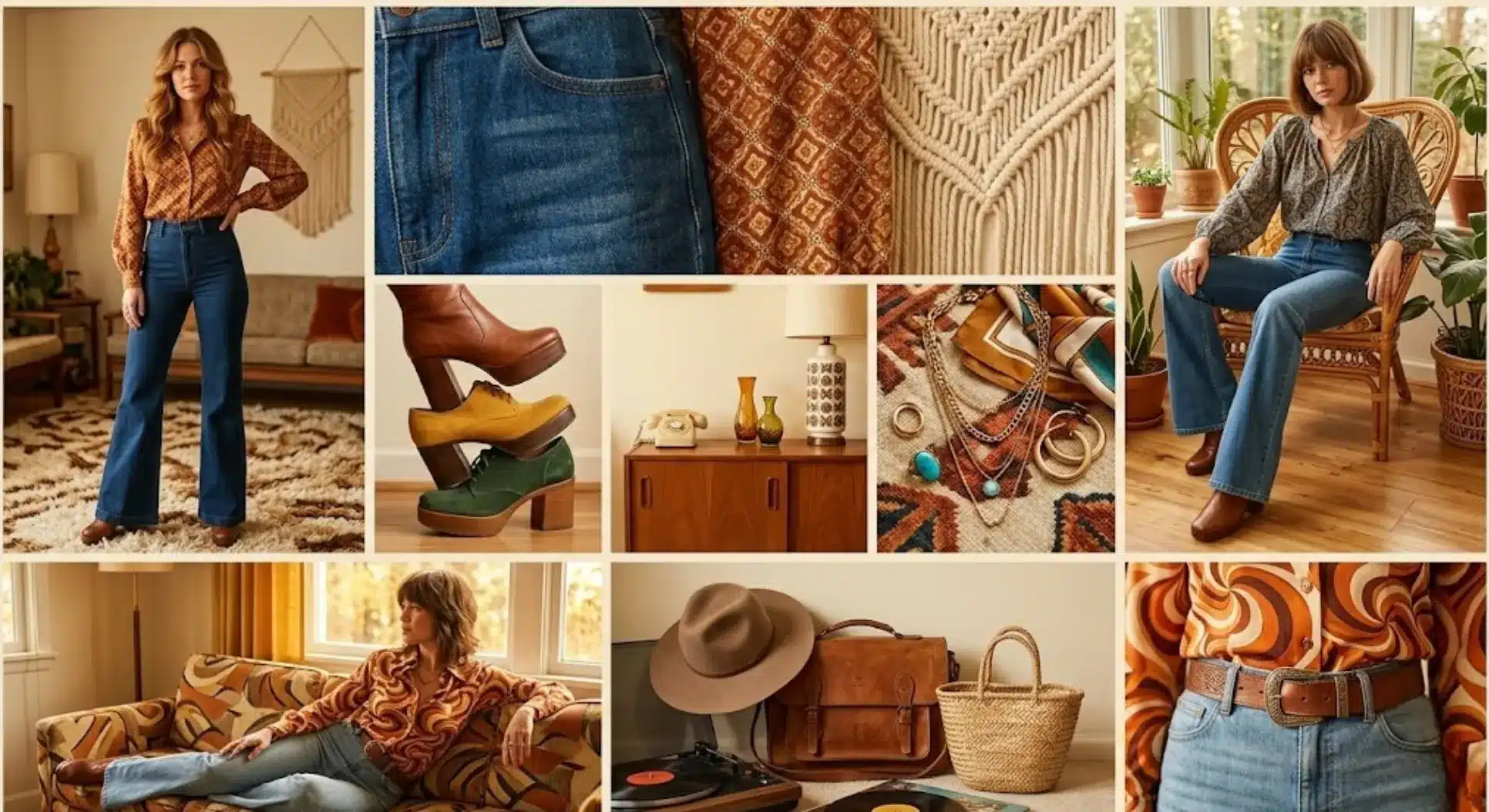 retro boho outfits with flared jeans, patterned blouses, platform shoes, and vintage accessories with warm earthy tones