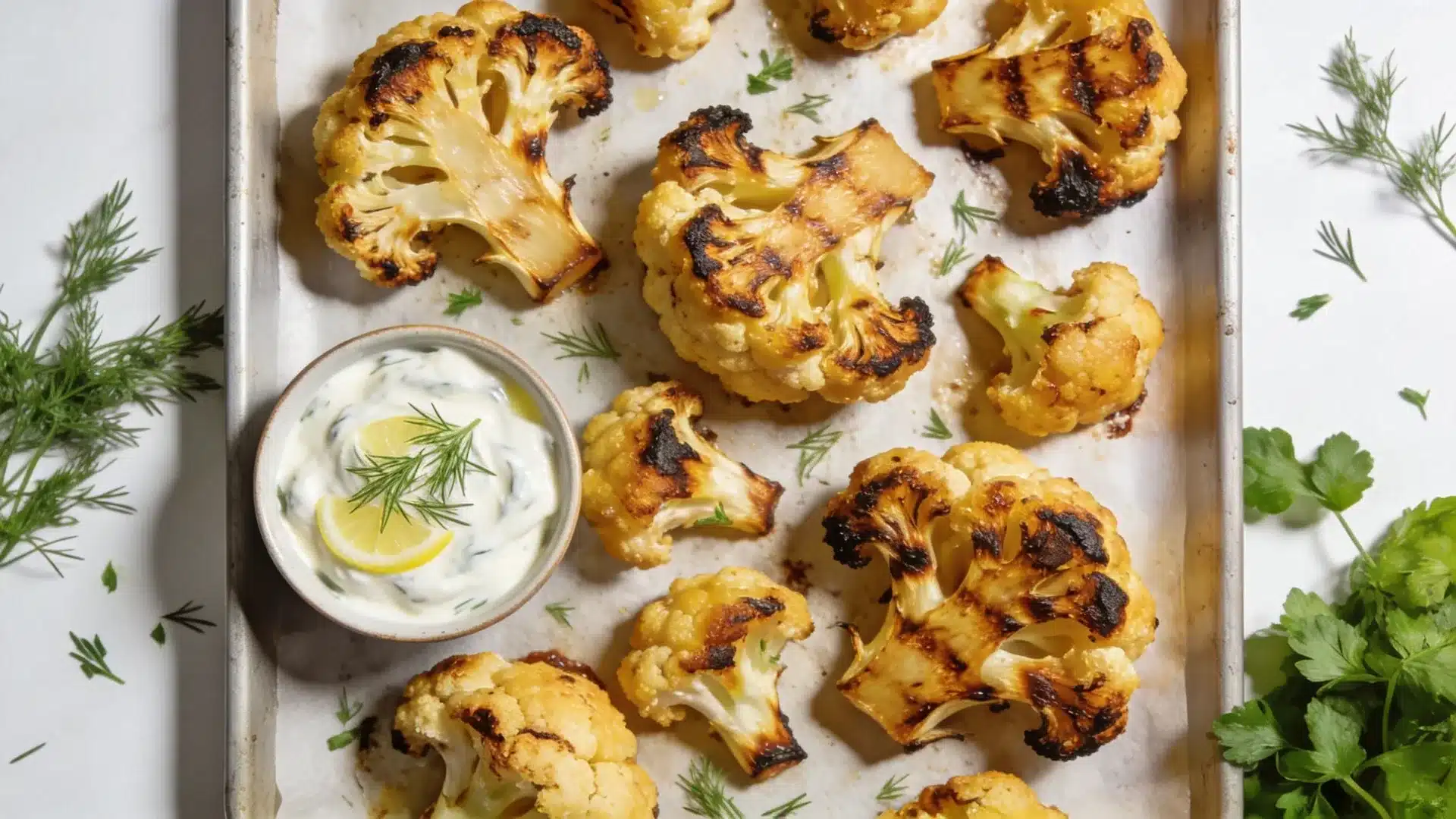 roasted cauliflower florets on baking tray, served with creamy herb dip, lemon slice, and fresh dill garnish