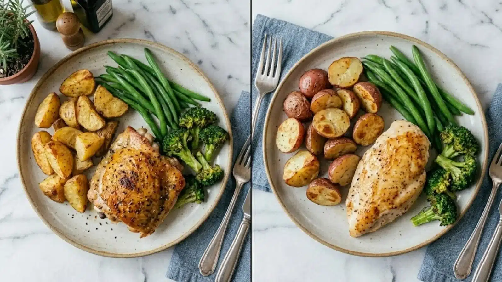 roasted chicken thigh with crispy skin, brussels sprouts, and golden potatoes served on white plate in bright kitchen