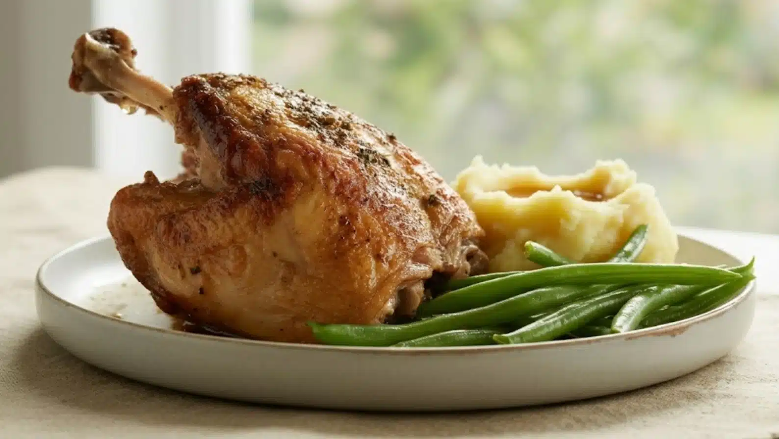 roasted chicken thigh with crispy skin served alongside mashed potatoes and green beans on white dinner plate