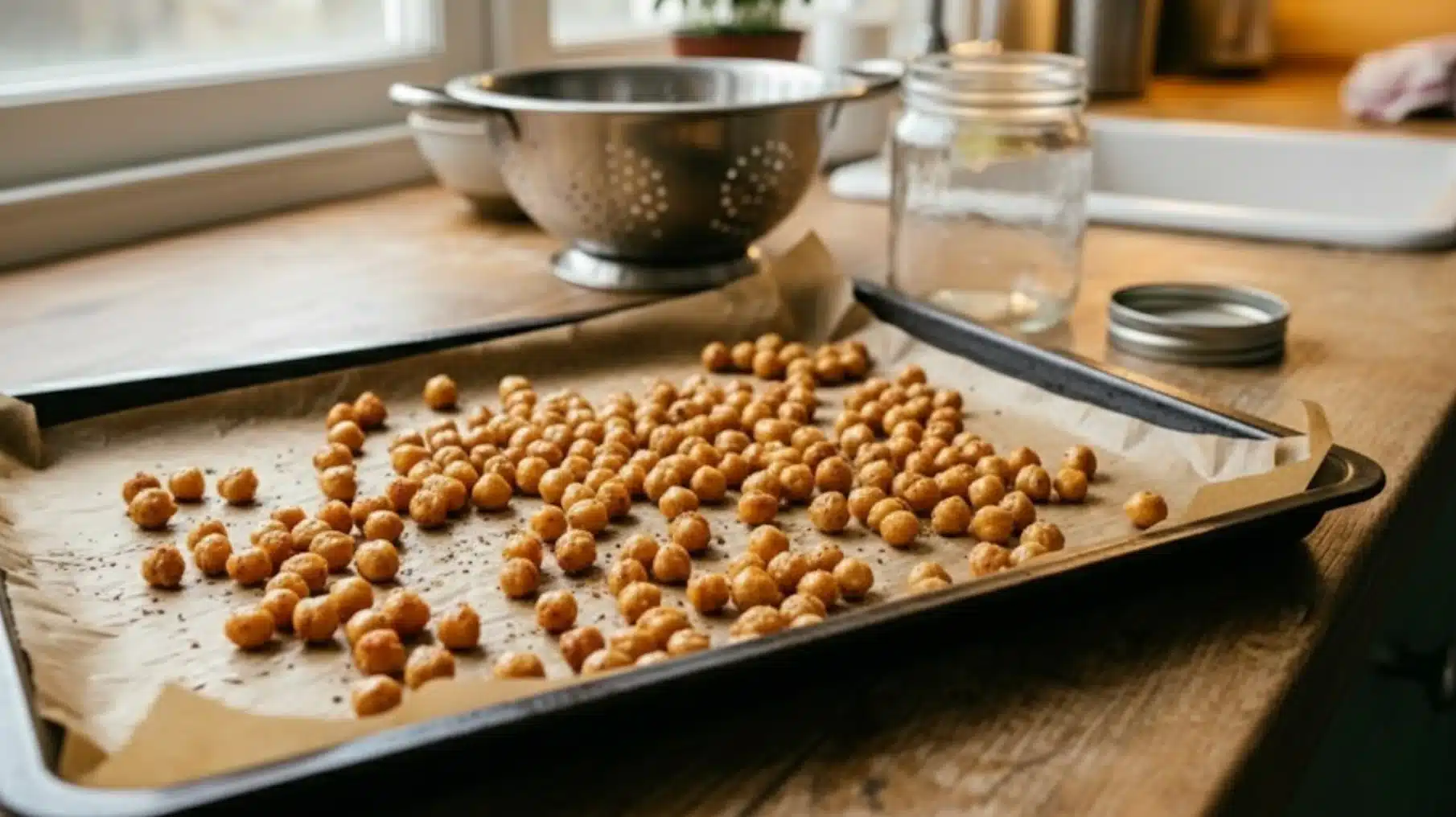 roasted chickpeas on parchment lined baking tray, cooling on the kitchen counter, crispy, seasoned snack ready to eat