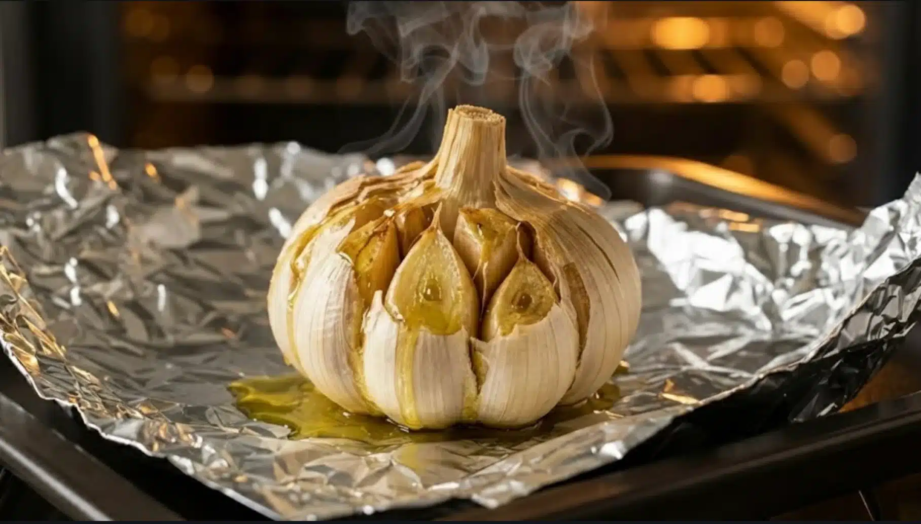 roasted garlic on foil-lined tray, drizzled with oil, steaming from oven, soft cloves exposed and caramelized